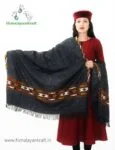 Hand Woven Sheep Wool Kullu Design Shawl Oversized - Black