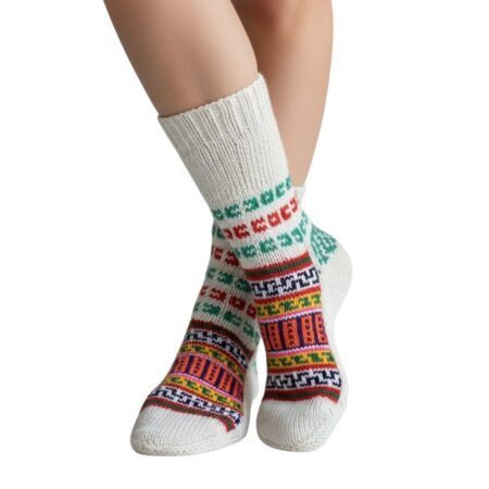 Hand knitted white merino wool socks winter wear