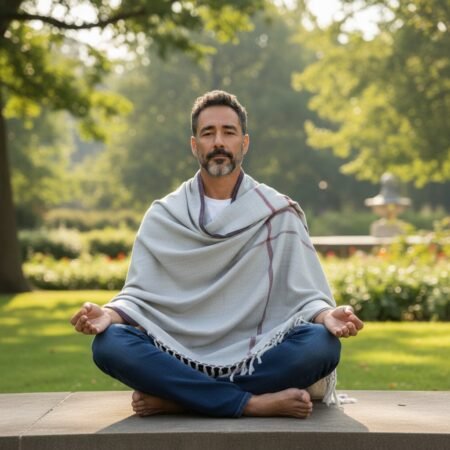 Handloom Woven Light Grey Wool Shawl – Large Men’s Wrap